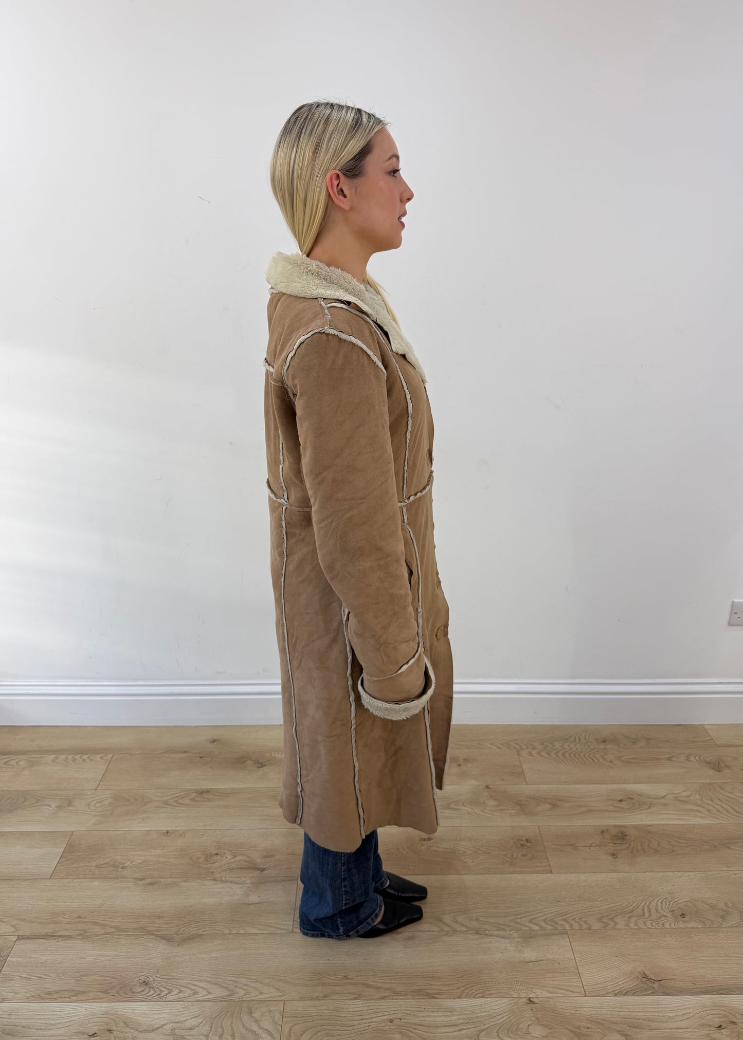 medium tan trapper long coat with shearling trim 6