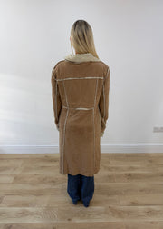 medium tan trapper long coat with shearling trim 7