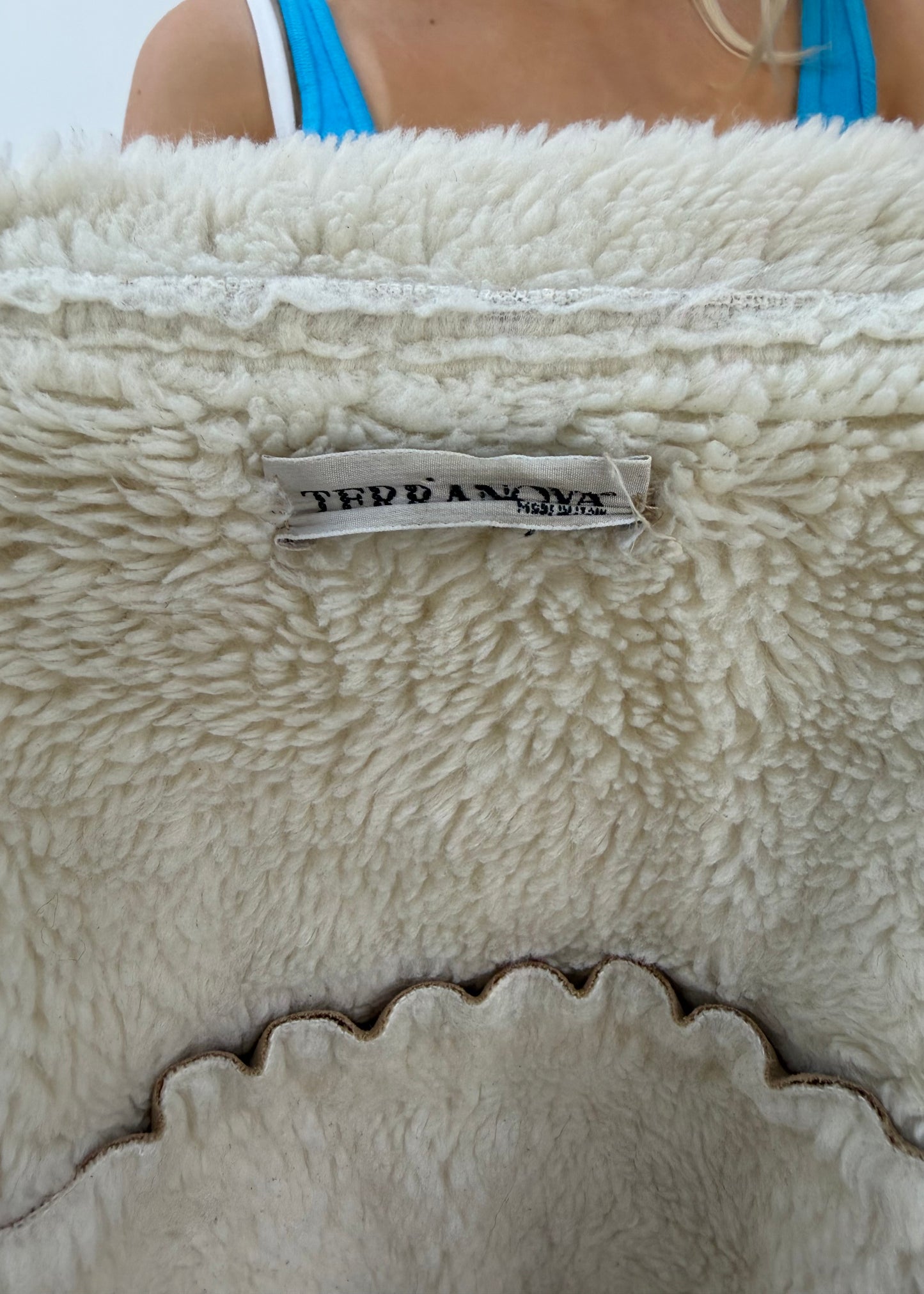 medium tan trapper long coat with shearling trim 8