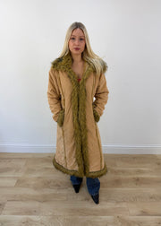 medium tan mango long coat with shaggy faux fur trim 1