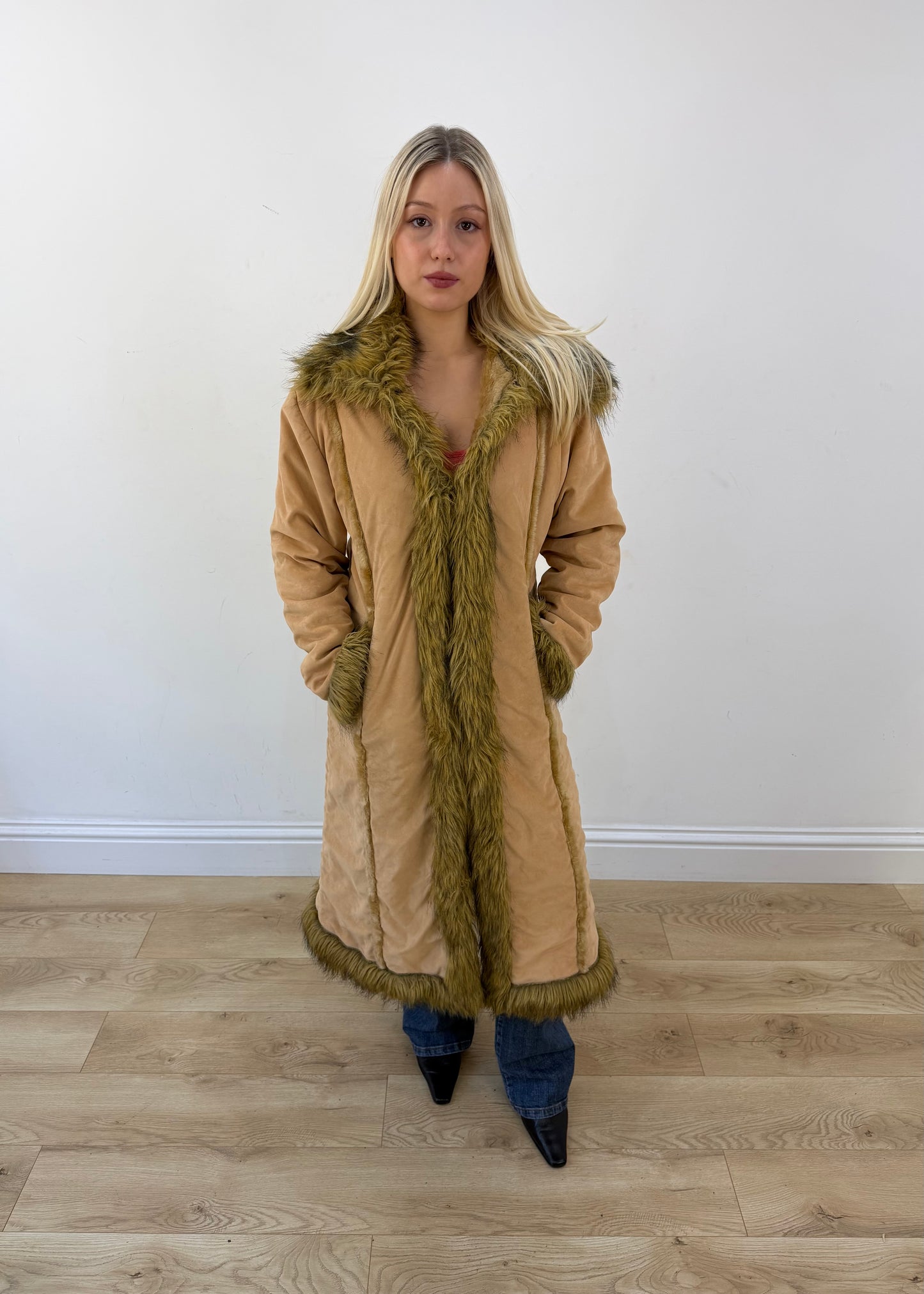 medium tan mango long coat with shaggy faux fur trim 1
