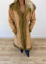 medium tan mango long coat with shaggy faux fur trim 2