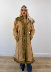 medium tan mango long coat with shaggy faux fur trim 3