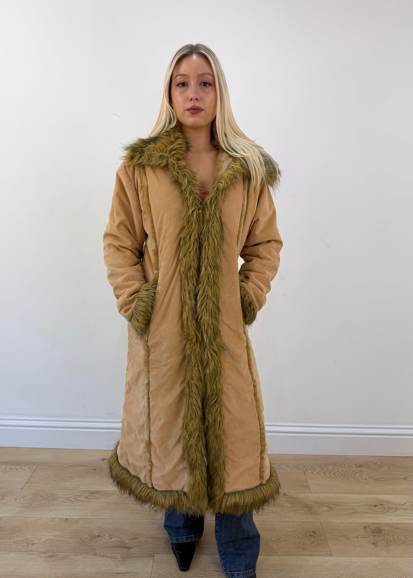 medium tan mango long coat with shaggy faux fur trim 3