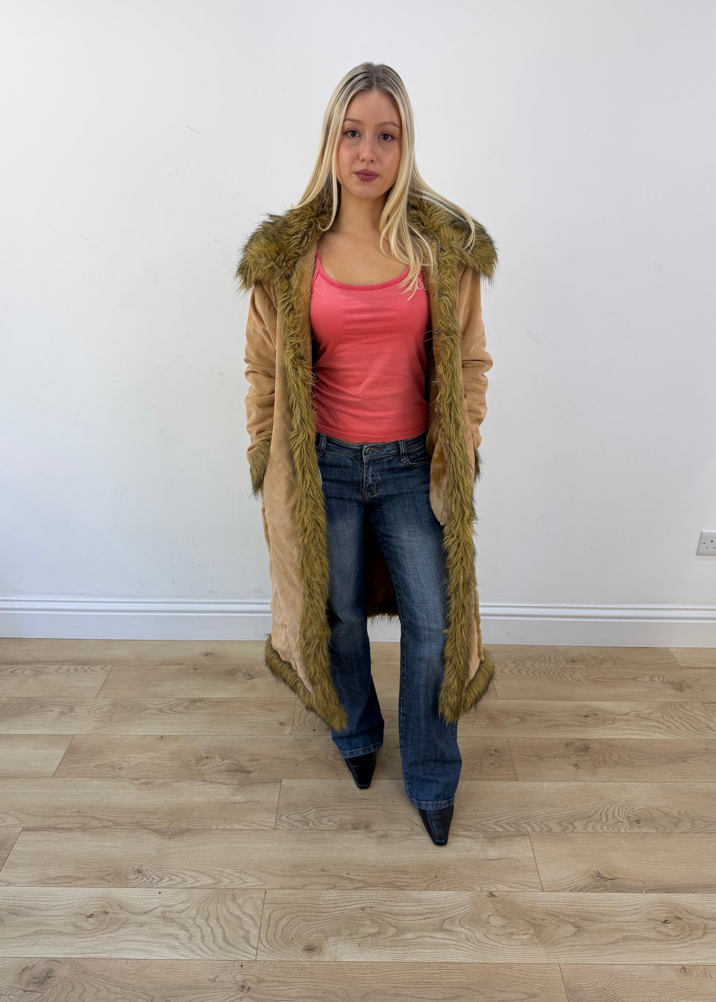medium tan mango long coat with shaggy faux fur trim 4
