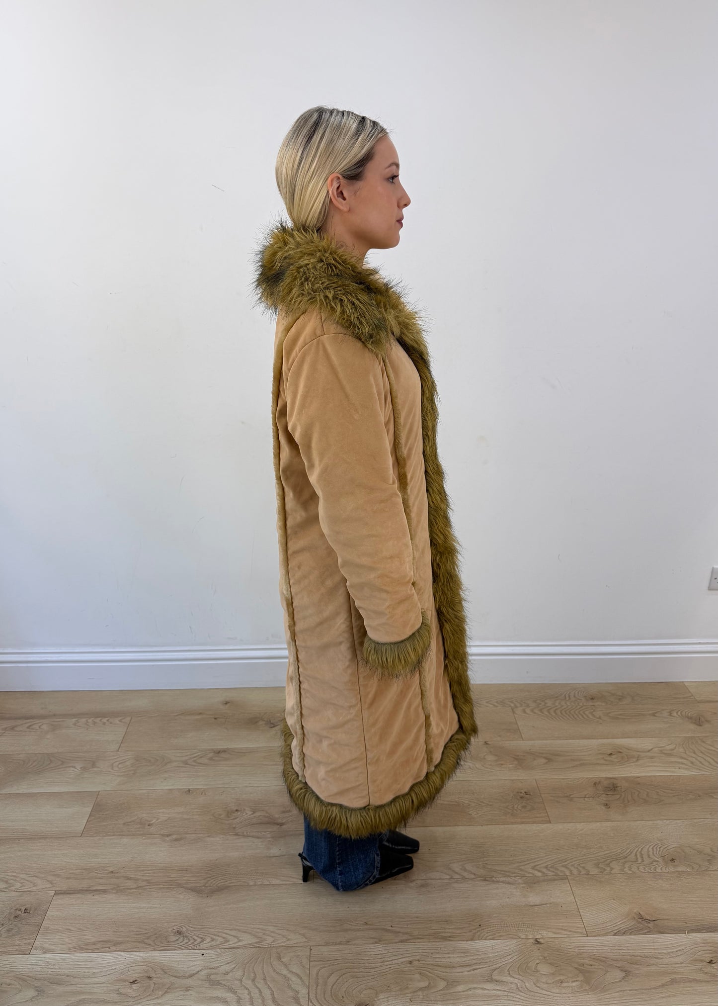 medium tan mango long coat with shaggy faux fur trim 6