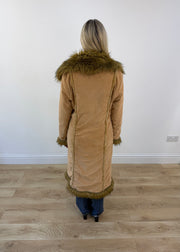 medium tan mango long coat with shaggy faux fur trim 7