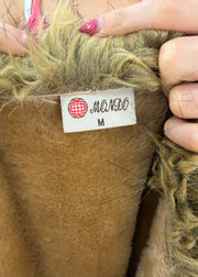medium tan mango long coat with shaggy faux fur trim 8