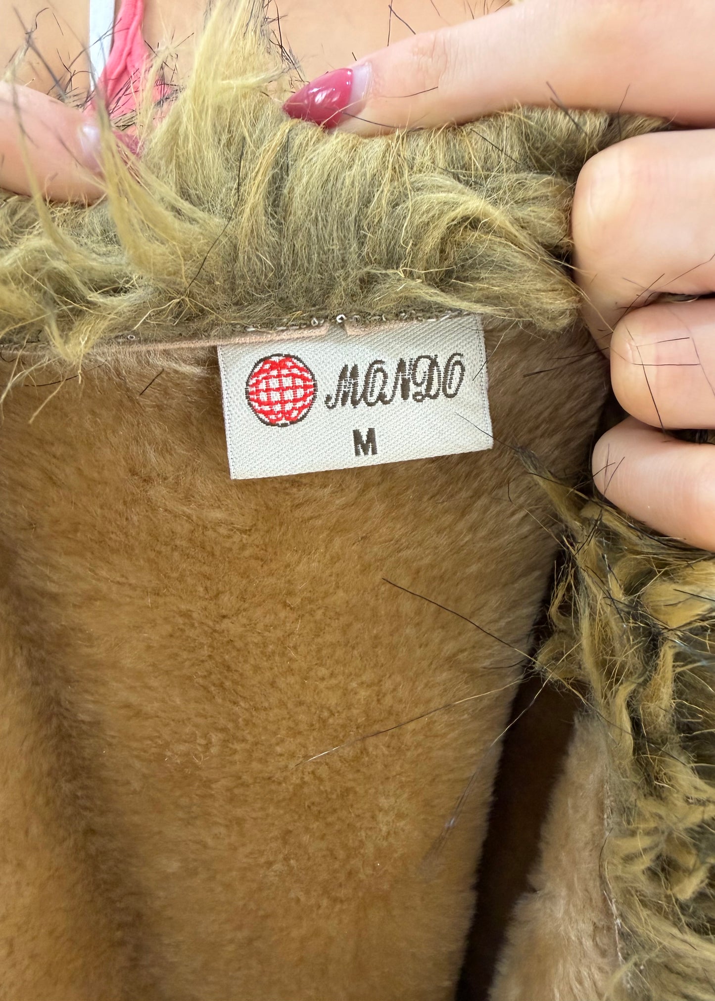medium tan mango long coat with shaggy faux fur trim 8