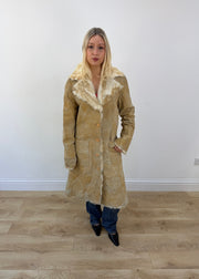 large beige i-ket long shearling style coat 1