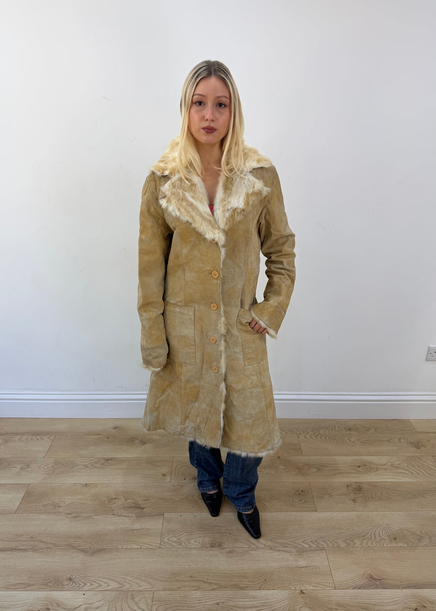 large beige i-ket long shearling style coat 1