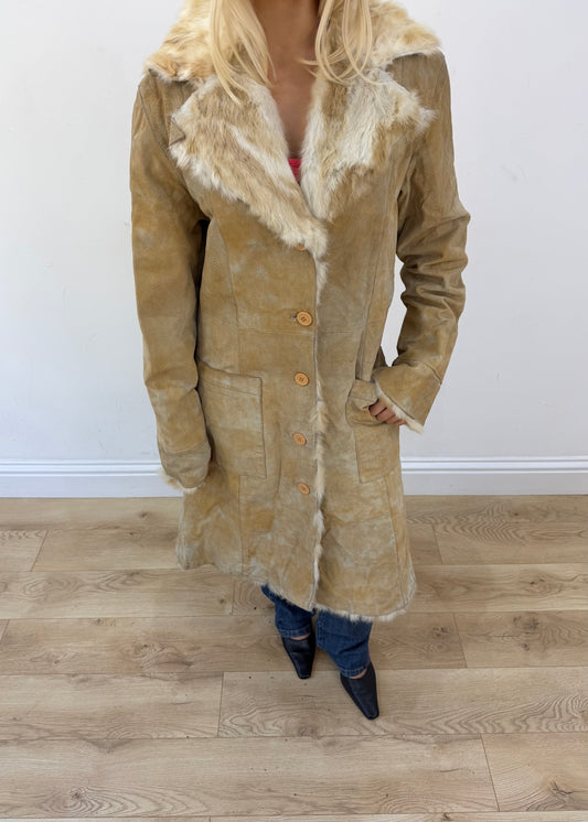 large beige i-ket long shearling style coat 2
