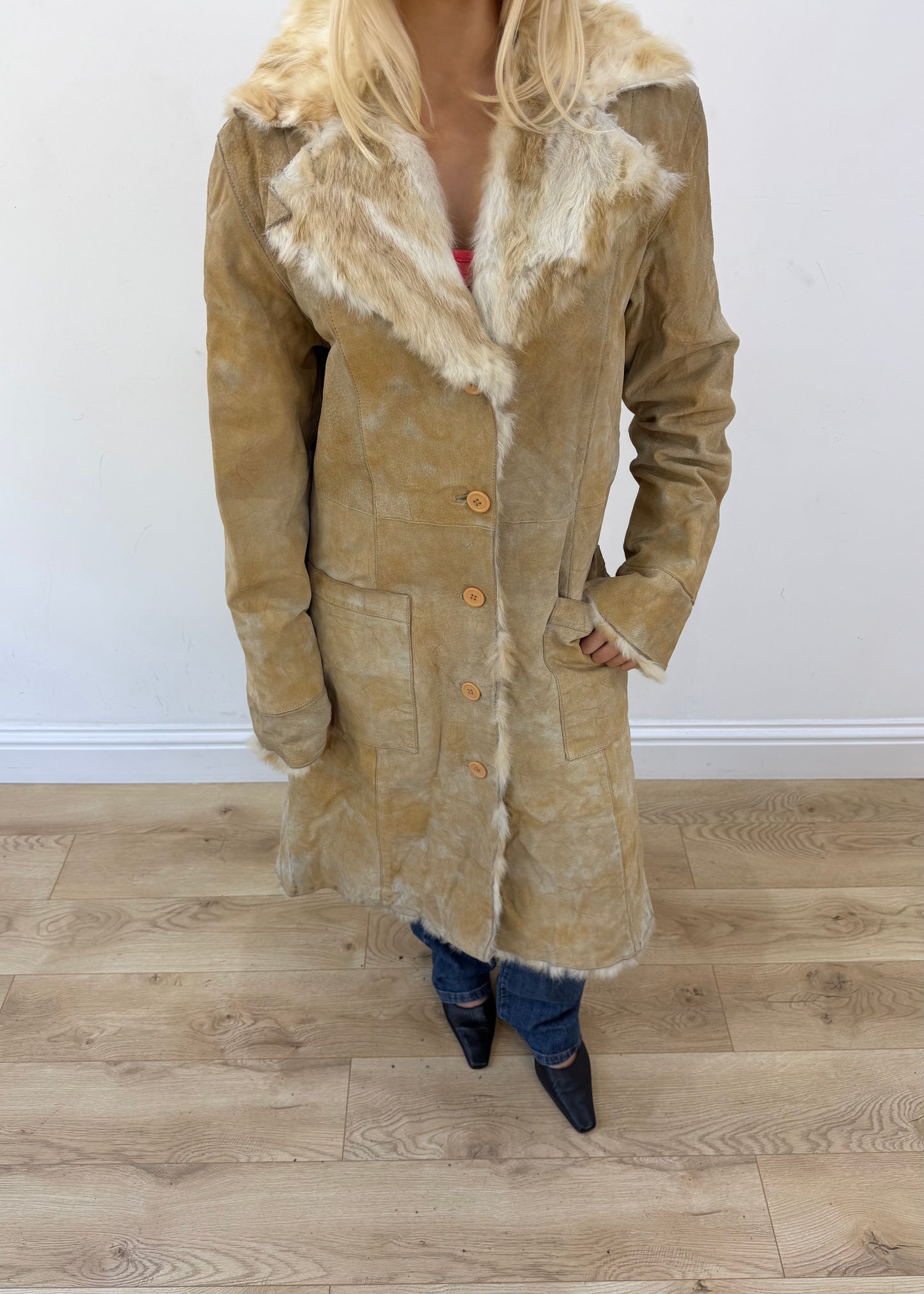 large beige i-ket long shearling style coat 2