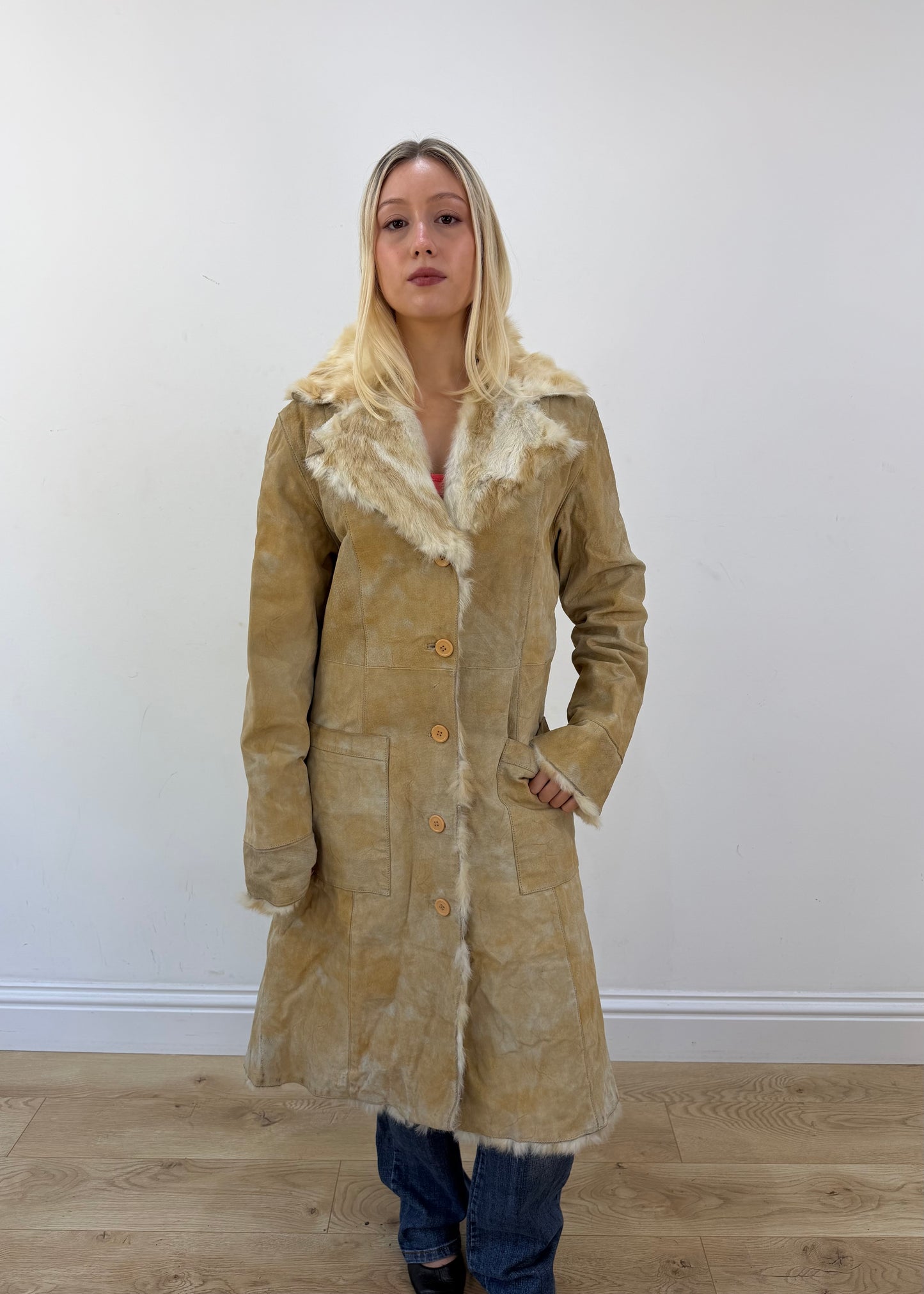 large beige i-ket long shearling style coat 3