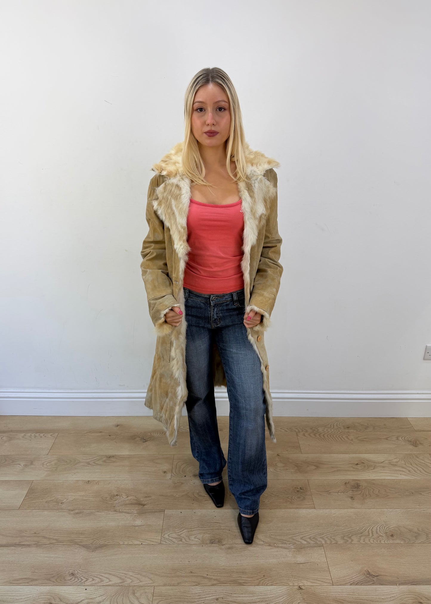 large beige i-ket long shearling style coat 4