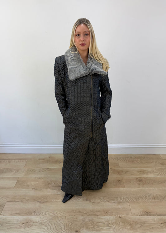 medium dark grey iron textured long coat with contrast collar 1