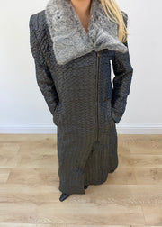 medium dark grey iron textured long coat with contrast collar 2