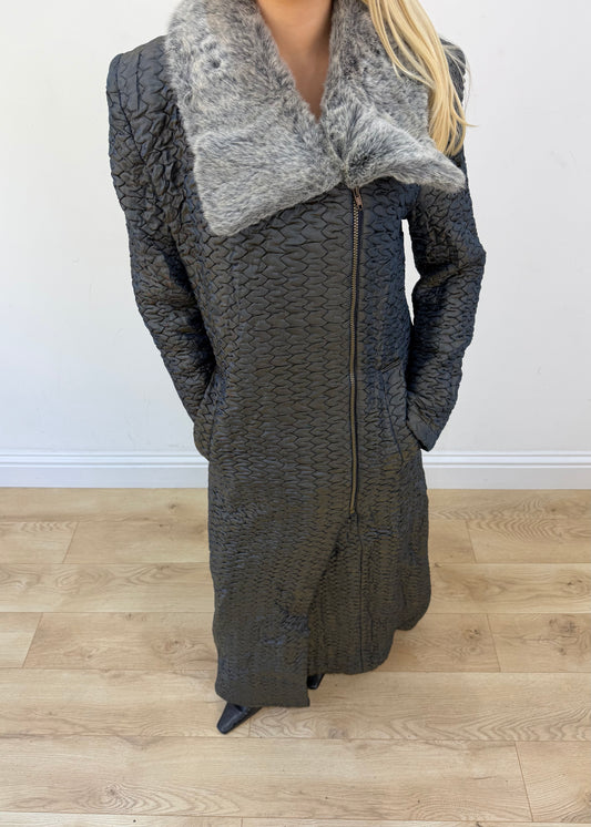 medium dark grey iron textured long coat with contrast collar 2