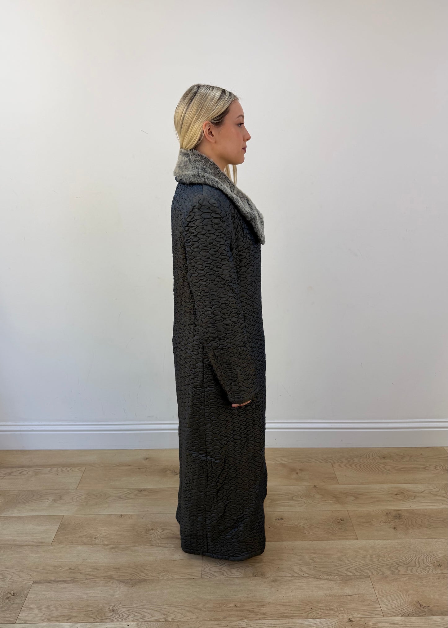 medium dark grey iron textured long coat with contrast collar 6