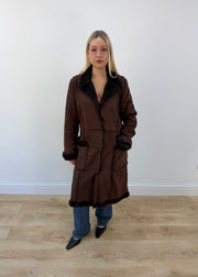 medium brown fra.me long coat with faux fur trim 1