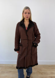 medium brown fra.me long coat with faux fur trim 3