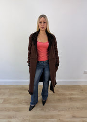 medium brown fra.me long coat with faux fur trim 4
