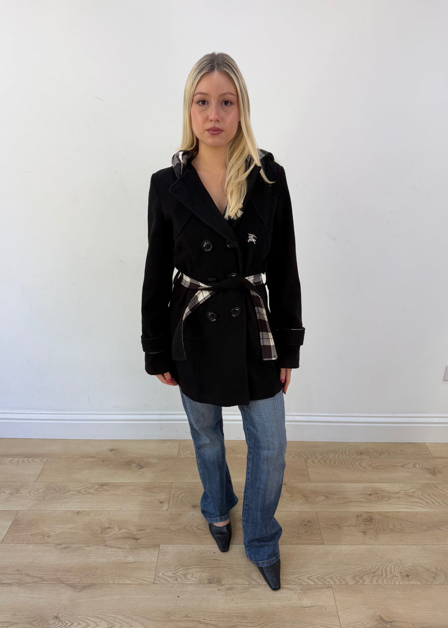 medium black burberry hooded coat 1