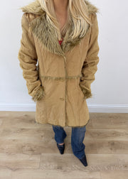 large tan times sport coat with faux fur collar 2