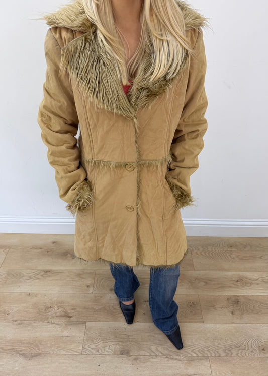 large tan times sport coat with faux fur collar 2