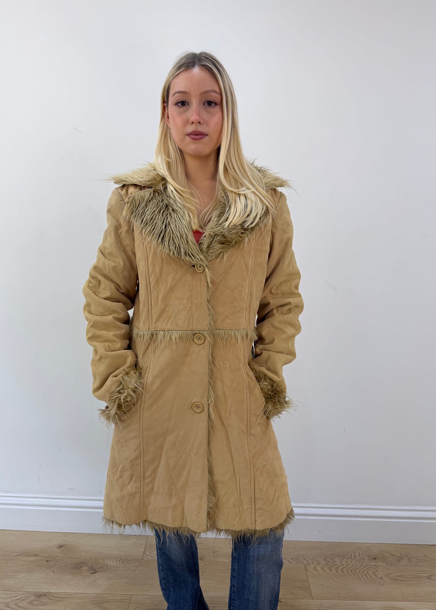large tan times sport coat with faux fur collar 3