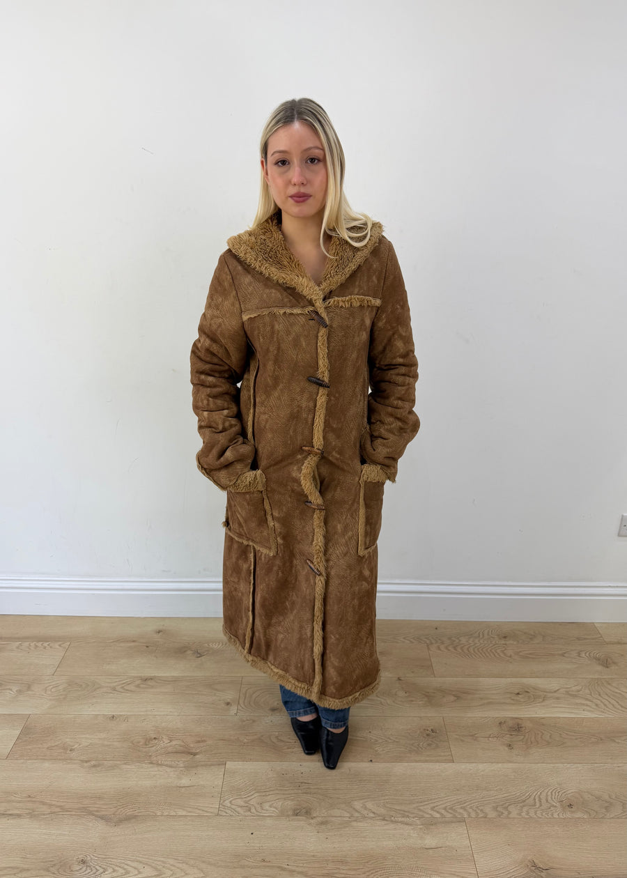 medium brown long shearling style coat 1