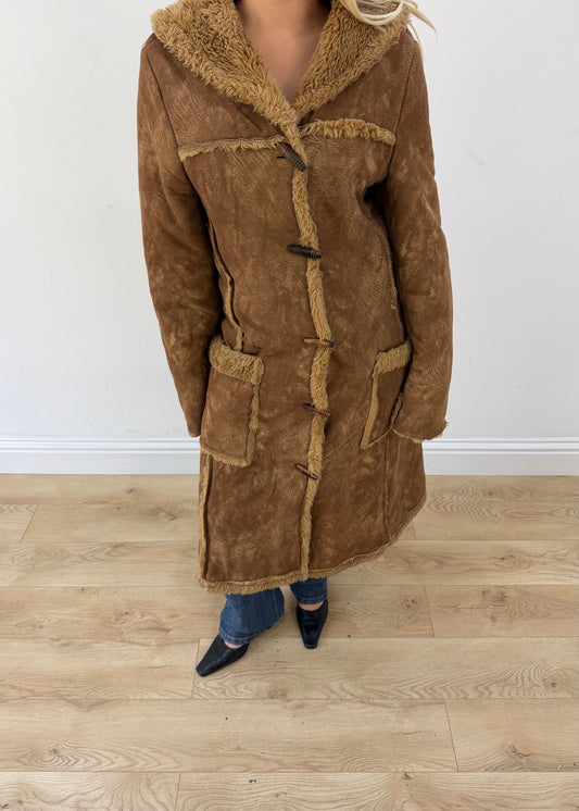 medium brown long shearling style coat 2