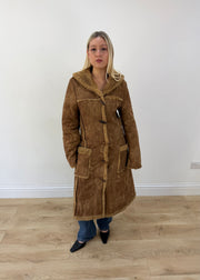 medium brown long shearling style coat 3