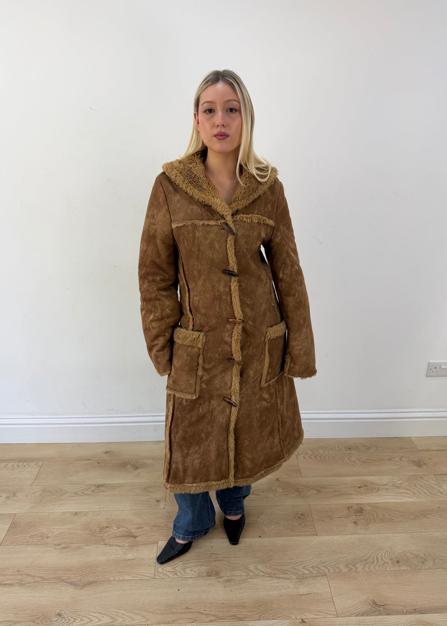 medium brown long shearling style coat 3