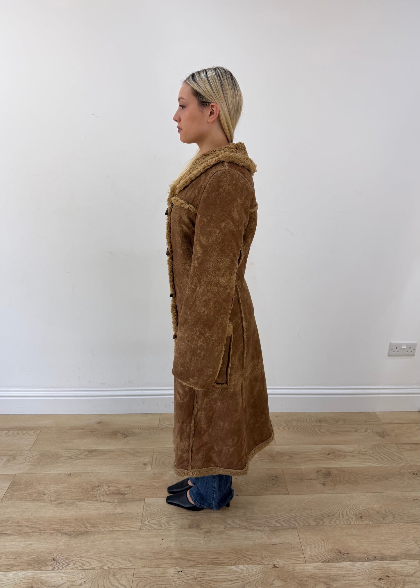 medium brown long shearling style coat 5