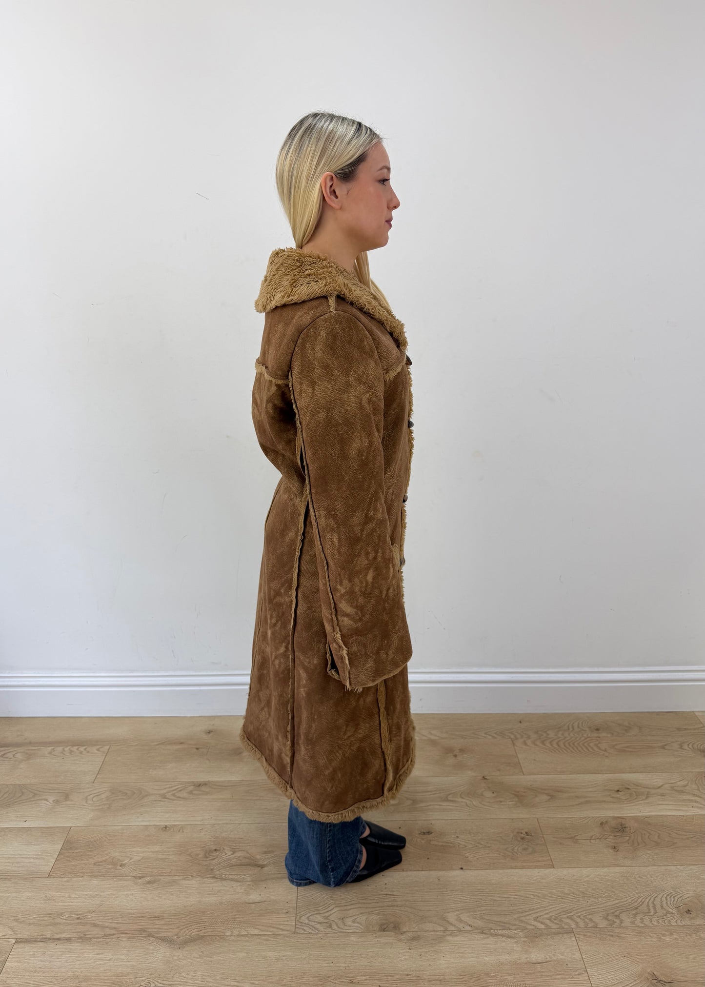 medium brown long shearling style coat 6