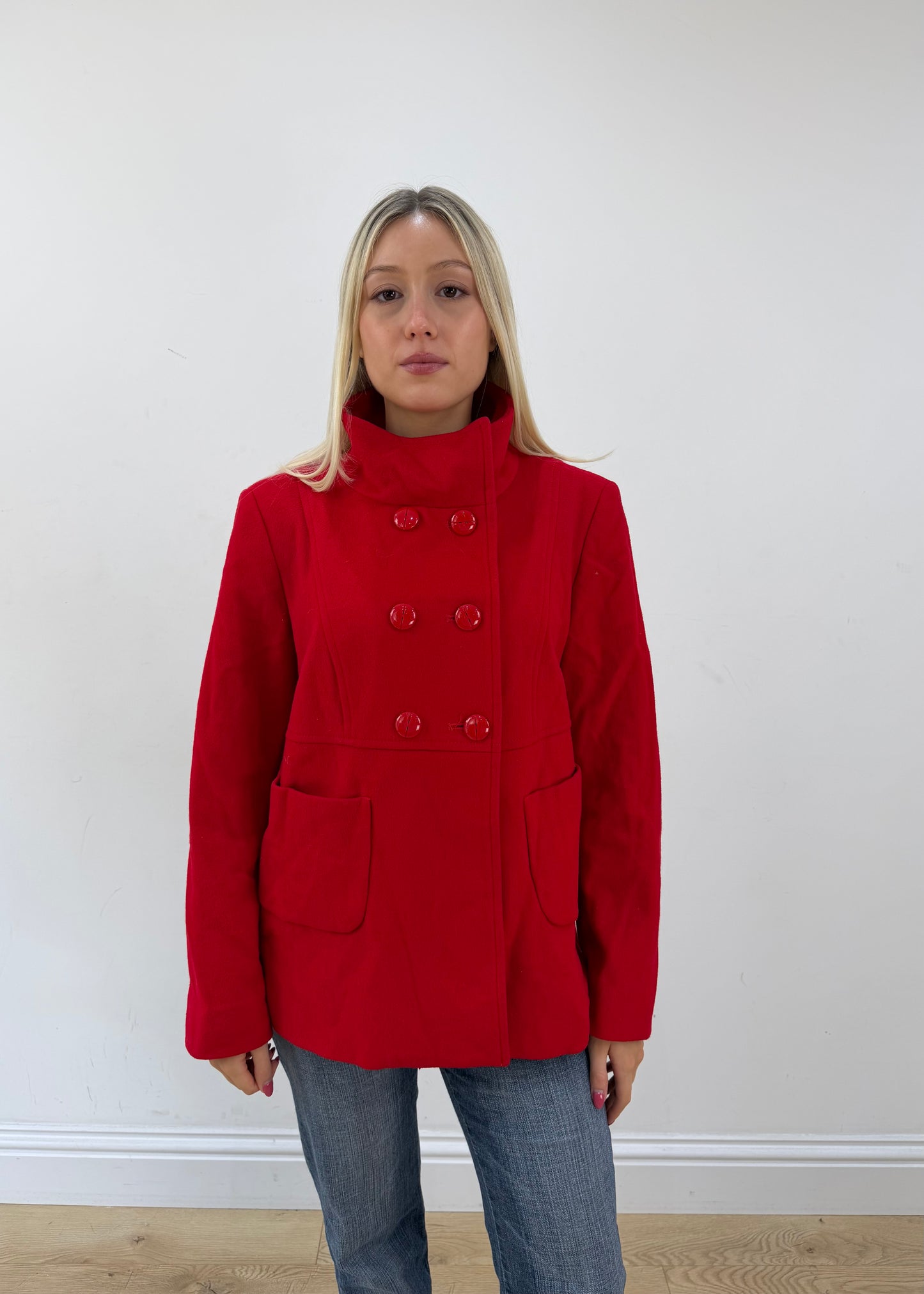 medium red benetton double breasted coat image 3