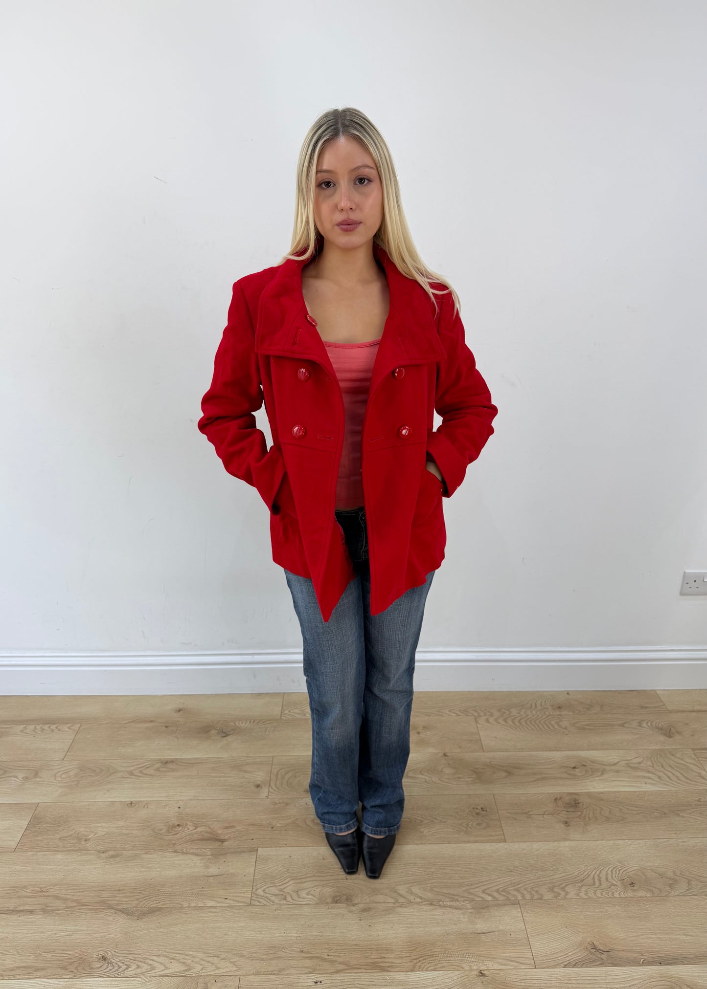 medium red benetton double breasted coat image 4