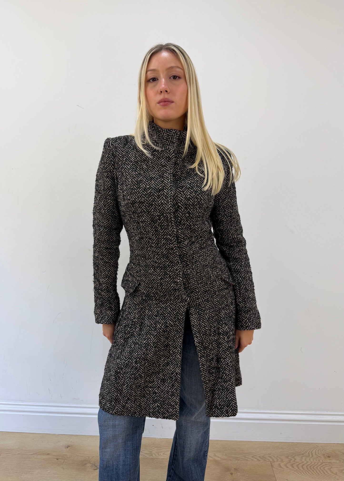 small grey etic herringbone long coat image 3