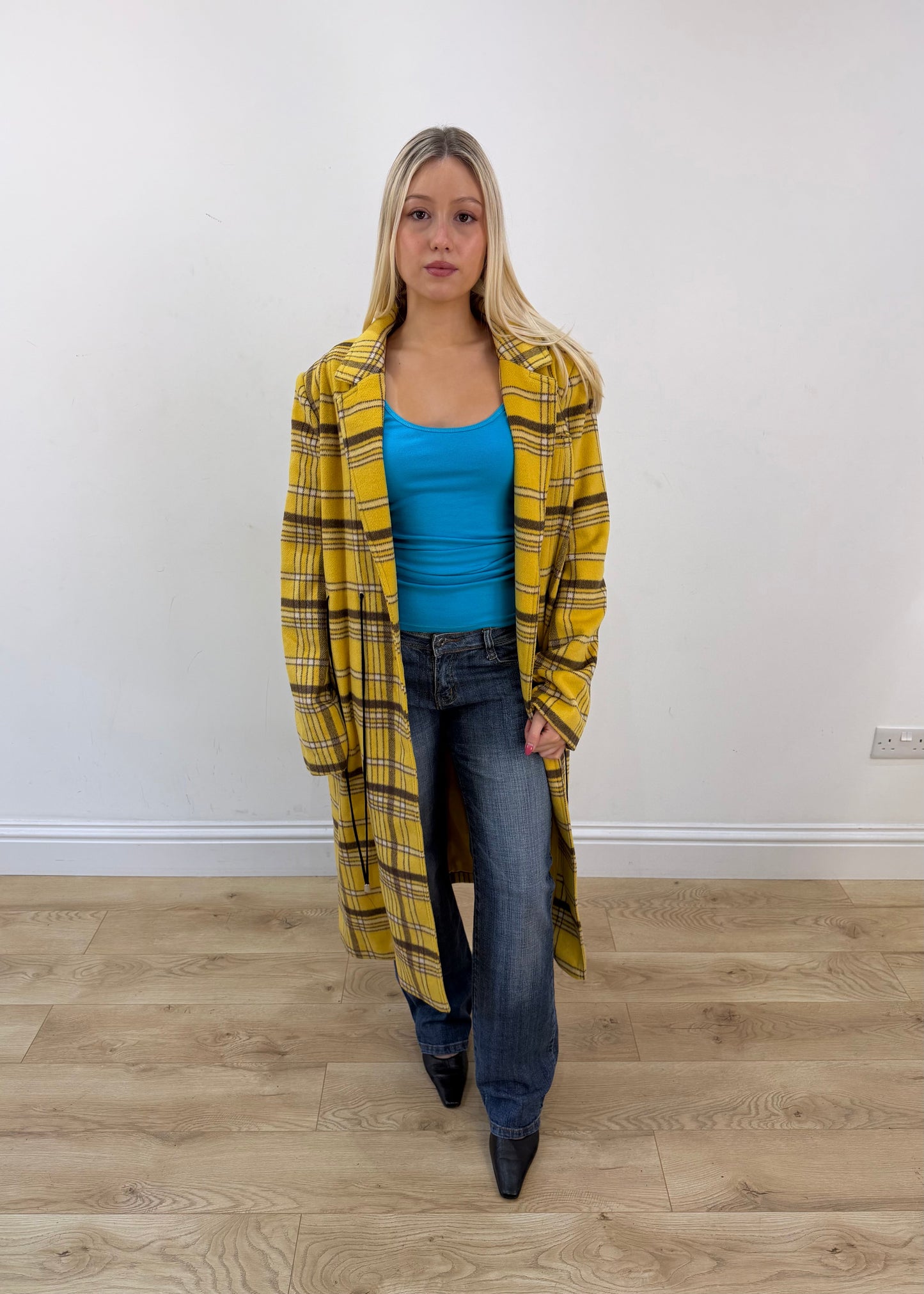 medium yellow plaid long coat 1