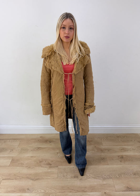 medium tan coat with faux fur trim image 1