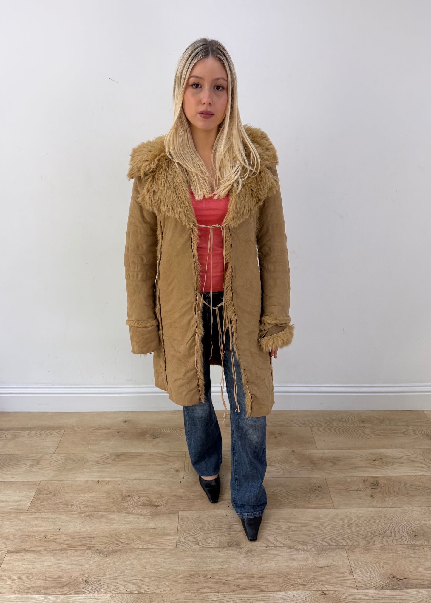 medium tan coat with faux fur trim image 1