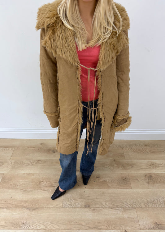 medium tan coat with faux fur trim image 2