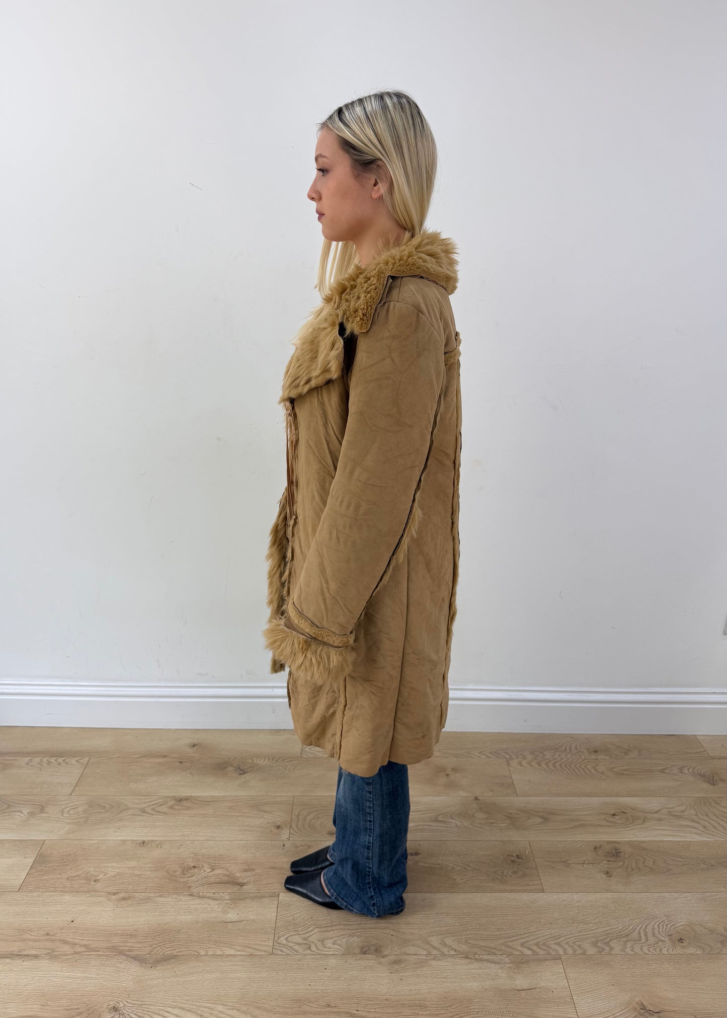 medium tan coat with faux fur trim image 5