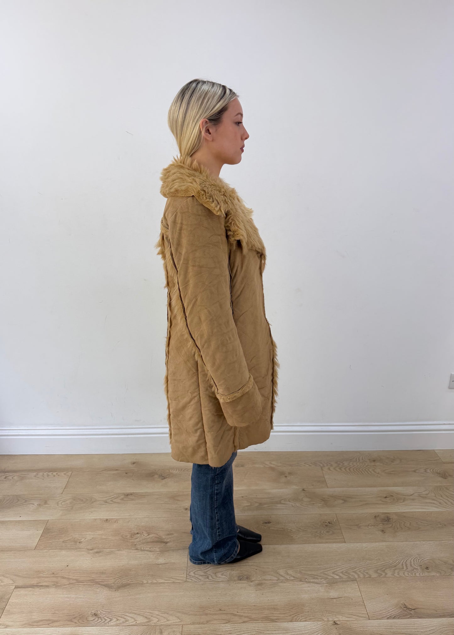 medium tan coat with faux fur trim image 6
