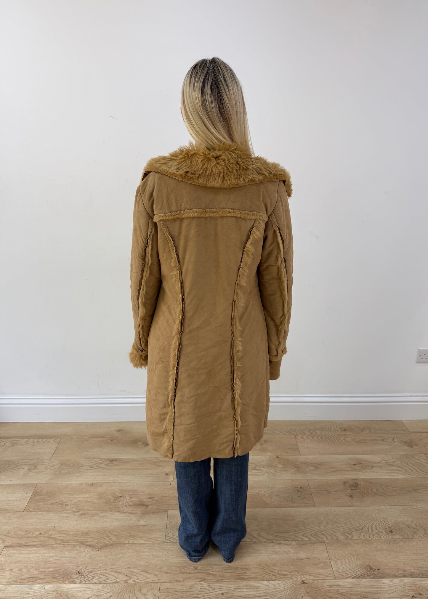 medium tan coat with faux fur trim image 7