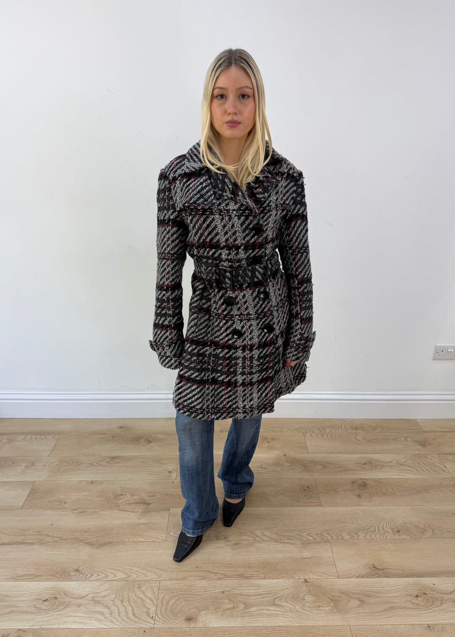 medium black and white orsay patterned belted coat image 1