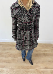 medium black and white orsay patterned belted coat image 2
