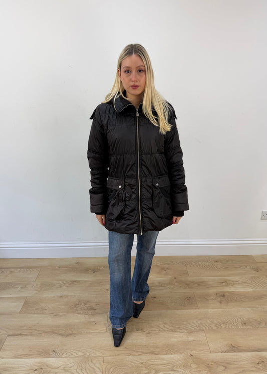 medium black moncler parka coat with faux fur hood image 1