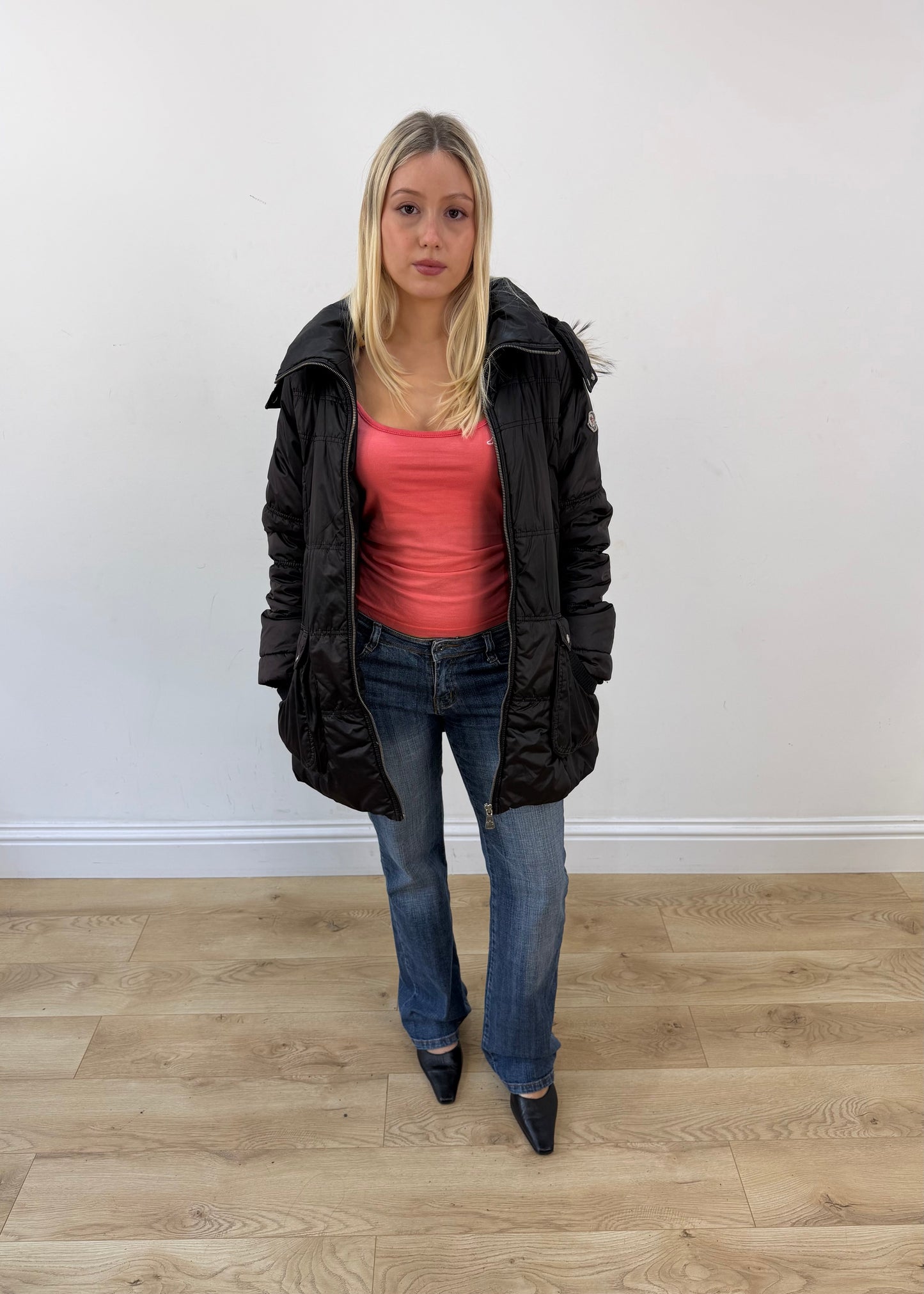medium black moncler parka coat with faux fur hood image 4